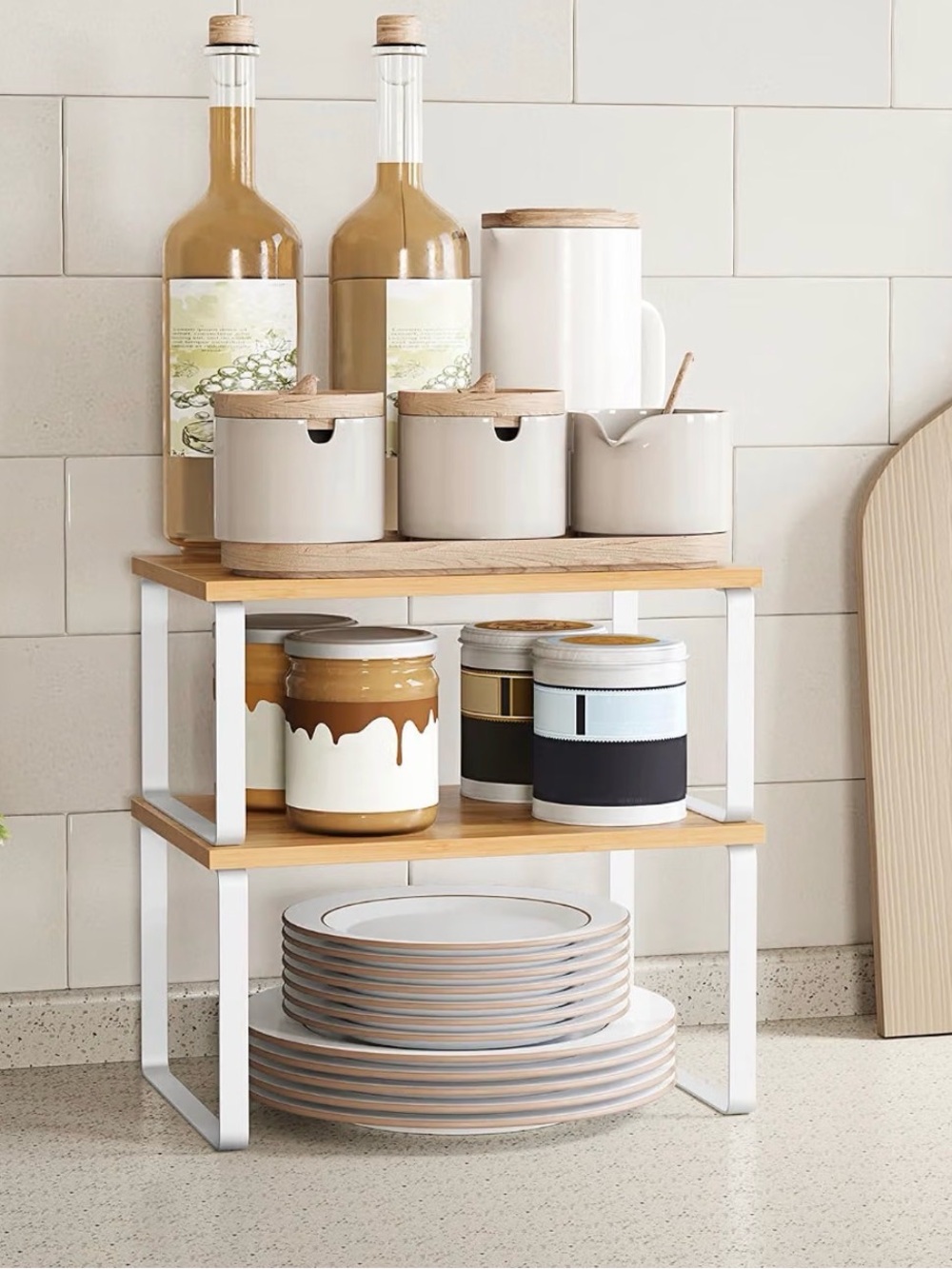 Two-Tier Bamboo Shelf with White Metal Frame